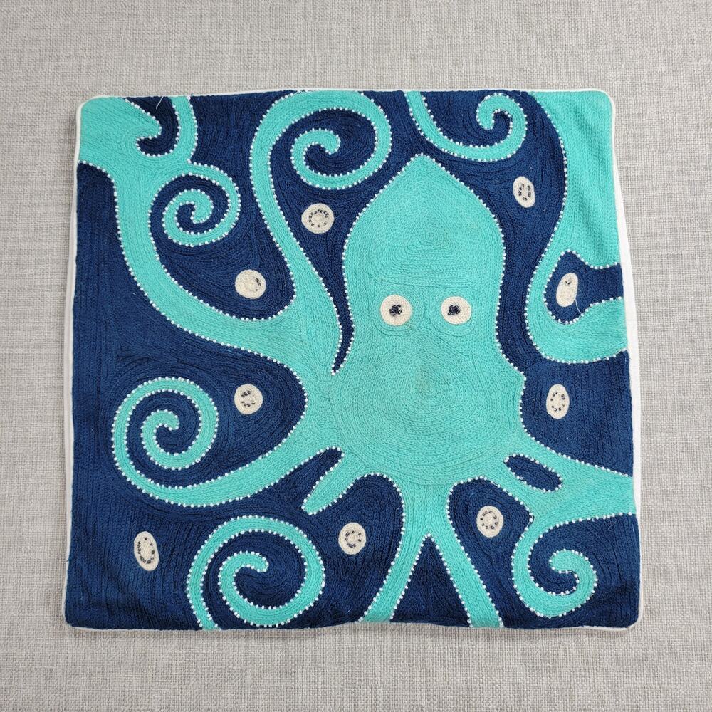 Pottery Barn Kids Pillowcase 16x16 Blue Beaded Octopus Embroidered Cotton Square